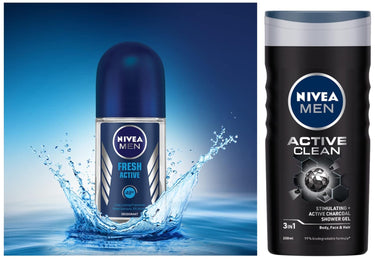 Nivea Men Shower Gel, Active Clean Body Wash, Men, 250ml & Men Deodorant Roll-On, Fresh Active Original, 50ml